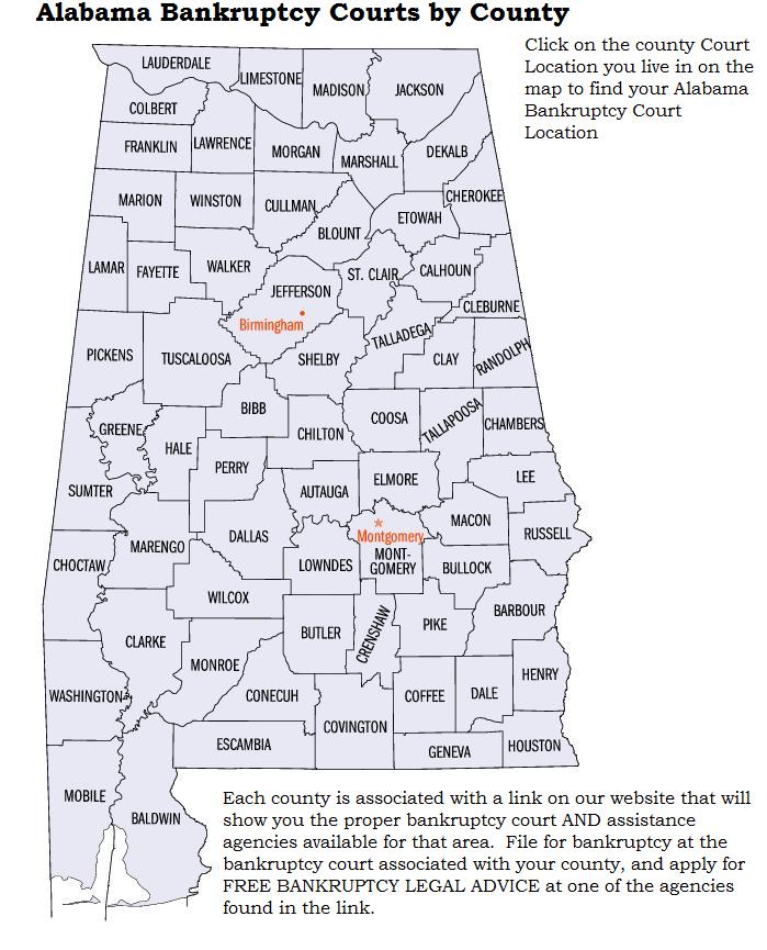 Find out which Alabama bankruptcy court is assigned to which County with EZBankruptcyForms.com.