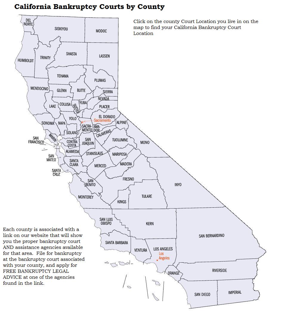 Find out which California bankruptcy court is assigned to which County: EZBankruptcyForms.com.
